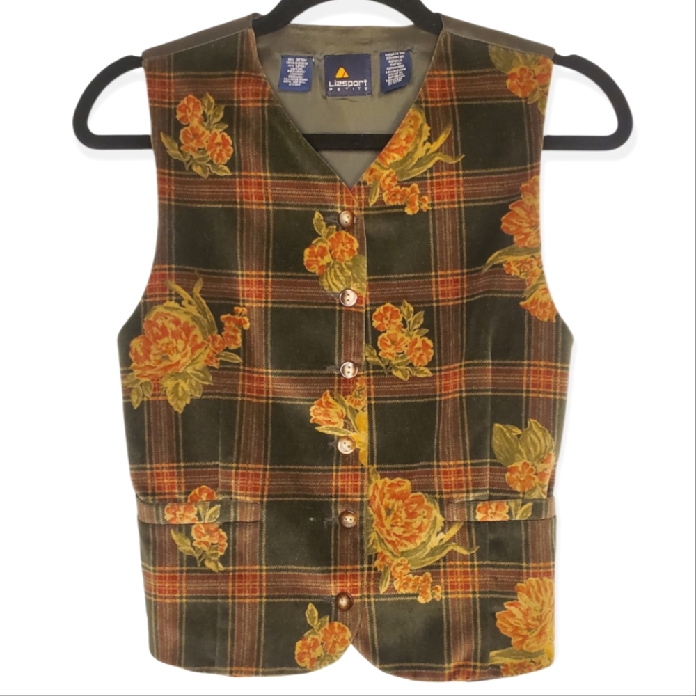 Vintage 1980s LizSport Liz Claiborne Velour Button Up Vest Plaid Floral - Picture 1 of 6